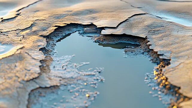 Cracked dry mud texture reflecting the sky with a small puddle, symbolizing drought, water scarcity, and environmental challenges in arid and desert landscapes