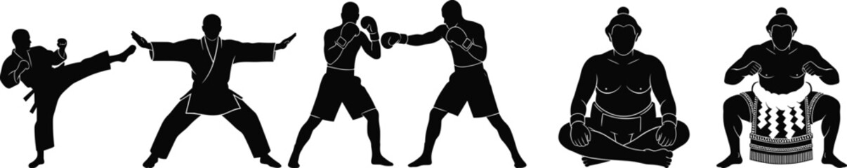 Martial arts silhouettes, karate gi, boxing stance, meditation pose, sumo wrestling, high kick, combat sports, discipline, fitness, tradition, flavector © MdMasud