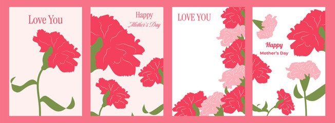 Mothers Day.A set of posters for Mother's Day with carnations.Vector illustration © Ekaterina 