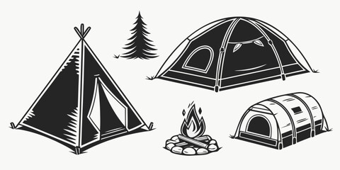 Illustration of various tents and camping equipment set up in a forest. Vector ©  MST RABEYA  BEGUM