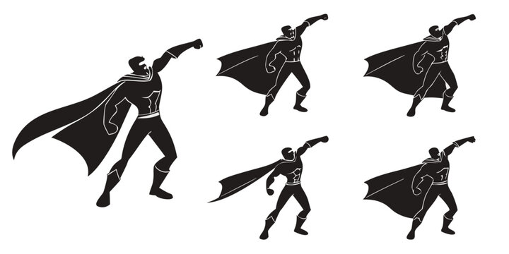 Five dynamic superhero silhouettes in action poses with capes flying Vector