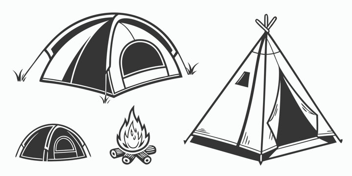 A variety of tents and camping equipment set against a white background Vector