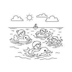 Fototapeta premium Kids Swimming in Sea with Float Rings Cute Summer Beach Coloring Page