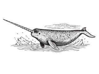 Narwhal side profile engraving illustration arctic mythic whale © Gabut Stock