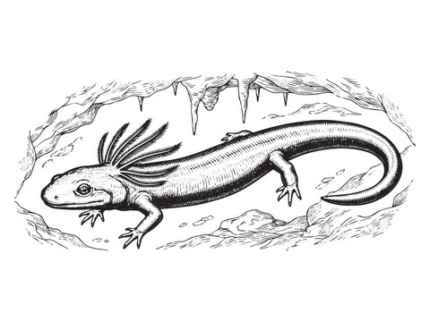 Olm cave salamander engraving illustration blind amphibian tattoo