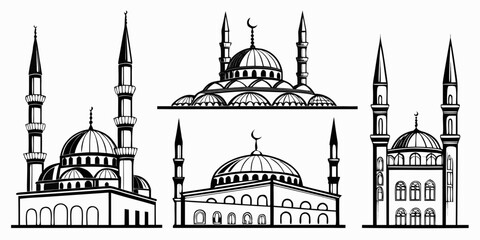 Intricate line drawing of various architectural structures with domes and minarets. Vector ©  MST RABEYA  BEGUM