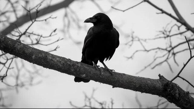 A solitary crow perched on a branch in monochrome atmosphere.