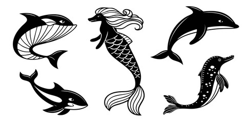 Five different types of marine mammals swimming in the ocean. Vector ©  MST RABEYA  BEGUM