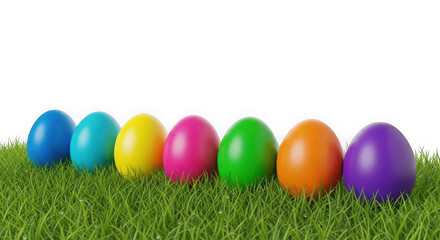 Fototapeta premium Colorful easter eggs arranged neatly on a grassy surface under sunlight.