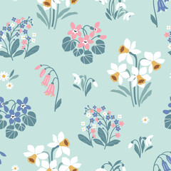 Obraz premium Seamless vector pattern with tiny spring flowers. Hand drawn floral design on isolated background. Perfect for textile, wallpaper or nursery print design. 