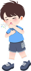 A young boy coughing with a sick expression, standing alone in a simple white background environment.