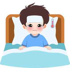 A young boy lies in bed with a thermometer and cold compress, looking unwell in a bedroom setting from a close-up view