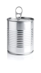 A shiny silver can with a pull tab on a white background