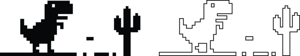 Dinosaur pixel icons set retro game style vector silhouettes and outline illustrations, prehistoric animals, desert cactus scene, isolated design element collection group © WaQar