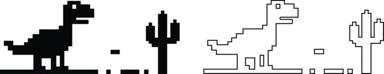Dinosaur pixel icons set retro game style vector silhouettes and outline illustrations, prehistoric animals, desert cactus scene, isolated design element collection group © WaQar