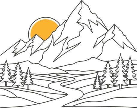 Minimalist line art illustration of a mountain landscape with a rising sun and a winding river. Vector