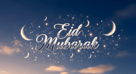 Fototapeta premium Eid Mubarak Greeting with Sparkling Stars, Glowing Crescent Moons, and Serene Blue Sky Background for Islamic Holidays and Festive Celebrations