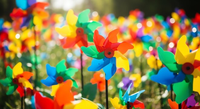 Field of colorful pinwheels spinning in the sunlight.
