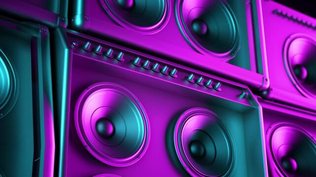 Vibrant closeup of stacked neon-colored speakers with glowing purple and blue lighting