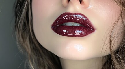 Fototapeta premium Soft close-up portrait of full glossy deep red lips on fair skin with natural lighting highlighting the shine and smooth texture