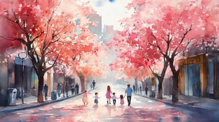 Watercolor of People in city with Cherry blossom blooming flower,Sakura tree or forest side view,Cherry tree spring flower background,elements for environment and garden,botanical in spring season.