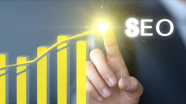 Human finger interacting with bright search engine optimization concept, showing ascending business growth, digital marketing strategy, online visibility, and rising performance statistics.
