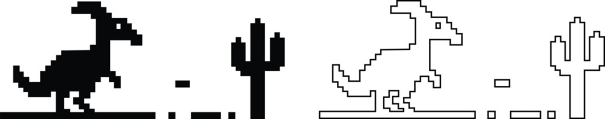 Dinosaur pixel icons set retro game style vector silhouettes and outline illustrations, prehistoric animals, desert cactus scene, isolated design element collection group © WaQar