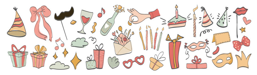 Collection of hand-drawn celebration birthday party icons including gifts, candles, hats, masks and presents on white background.
