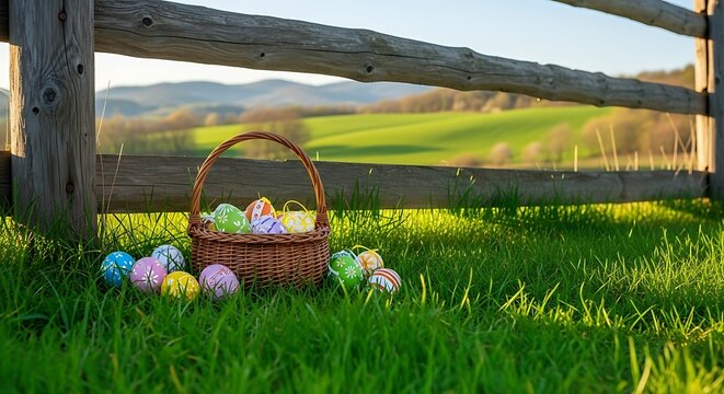 Easter eggs in basket by wooden fence in green field