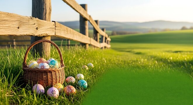 Easter eggs in basket by wooden fence in green field