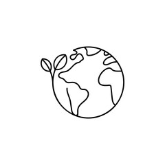 Green Earth Globe with Leaf Icon &ndash; Eco Environment Protection Thin Line Logo Symbol on White Background