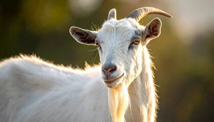 Obraz premium A close-up portrait of a white goat with curved horns