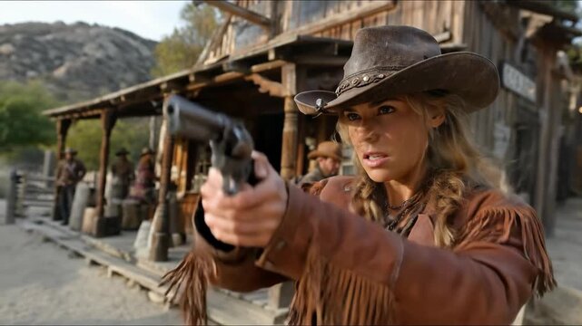 American cowgirl stands on a dusty Old West street, wearing her classic brown hat and fringed leather jacket. Wooden buildings line the frontier town.