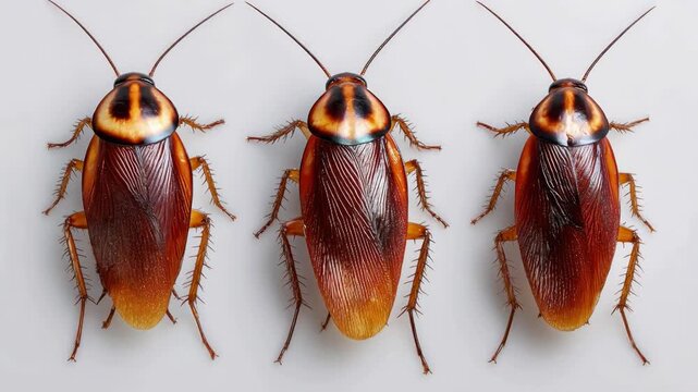 Top view of three brown cockroaches aligned on clean white background