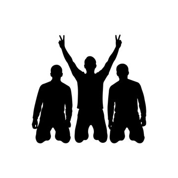Silhouette of three men celebrating victory with raised arms and peace signs.