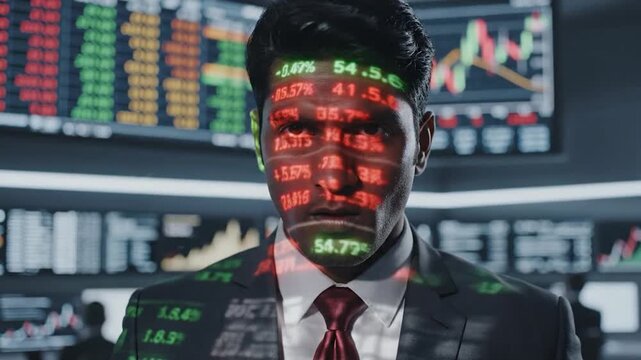 Confident financial trader with stock market data projected on face