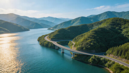 Naklejka premium Aerial view of a scenic curved highway bridge over a blue lake, surrounded by lush green mountains under a clear sky. Highlights nature, transport infrastructure, and serene landscape.