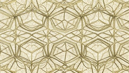Intricate gold geometric pattern on beige background with repeating shapes and lines creating a luxurious design