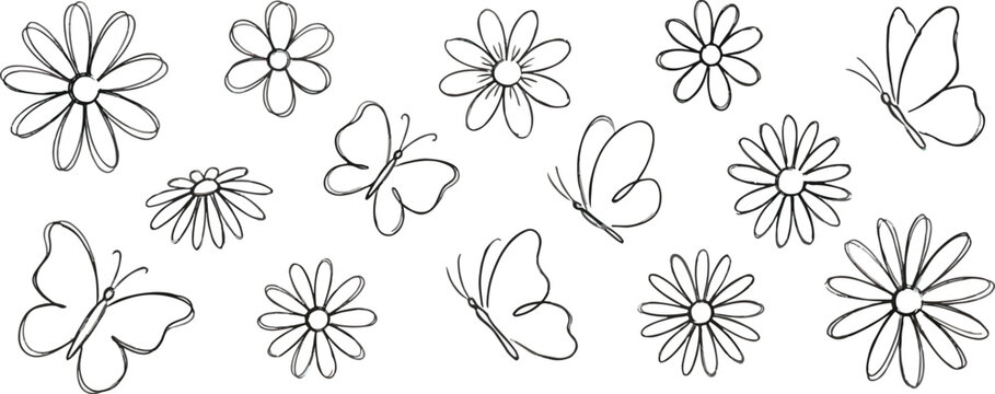 Crayon drawn flower and butterfly doodle collection. Hand drawn vector floral outline elements with pencil or chalk texture. Cute nature summer or spring black clipart. Simple daisy and butterfly.