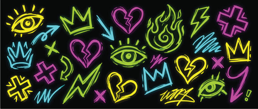 Neon colored y2k punk sticker collection. Crayon drawn rock and roll icons, punk text stickers. Marker scribbly rock grunge doodles for scrapbook, collage and zine design. Fire, lightning and hearts.