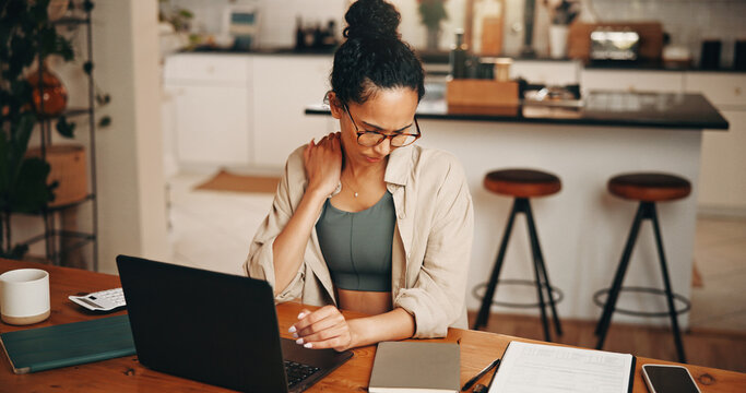 Woman, discomfort and neck pain with laptop at house with bad posture, burnout and mortgage pressure. Stress, female person or pc with sore shoulder, muscle inflammation and fibromyalgia of bills err