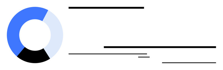 Circular pie chart split into three segments in blue, black, and white, accompanied by horizontal text lines. Ideal for data visualization, analytics, reports, presentations, infographics progress