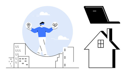 Remote work, hybrid careers, business solutions, modern workplaces, lifestyle balance, online collaboration. Man balancing gears and handshake icons, laptop and home. Remote work and hybrid careers