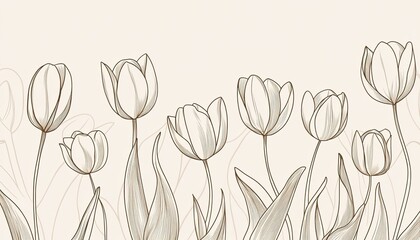Naklejka premium Elegant row of tulip flowers in soft beige outlines with flowing leaves and subtle wave patterns at the base on cream background