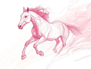 Fototapeta premium Dynamic sketch of a horse galloping with flowing mane and tail in soft pink and white lines on a light background with abstract strokes