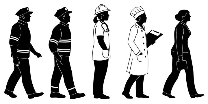 A diverse group of people walking in a line, showcasing various styles and attire Vector