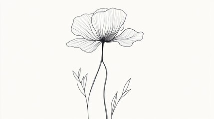 Naklejka premium Elegant single poppy flower outlined in fine black ink with open petals and detailed center on long stem, minimalist botanical sketch