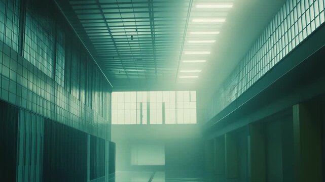 Modern industrial warehouse interior featuring a vast hall space with reflective floors, a large window, diffused bright lights, and atmospheric fog creating a sense of mystery and depth
