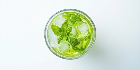 Obraz premium Bright overhead composition of a glass filled with ice, green mint leaves, and light green liquid on white surface, fresh and invigorating summer drink