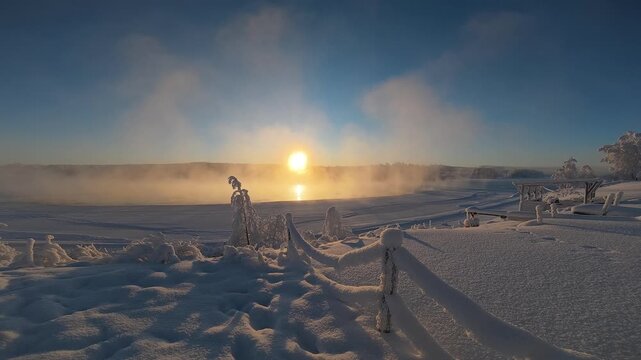 artic Circle setting sun mist rising from frozen lake Lapland Epic Finland in Winter